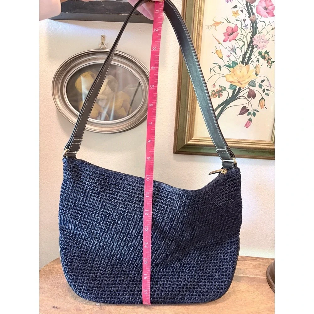 The‎ Sak Elliott Lucca Navy Blue Crochet Knit Leather Trim Hobo Shoulder Bag